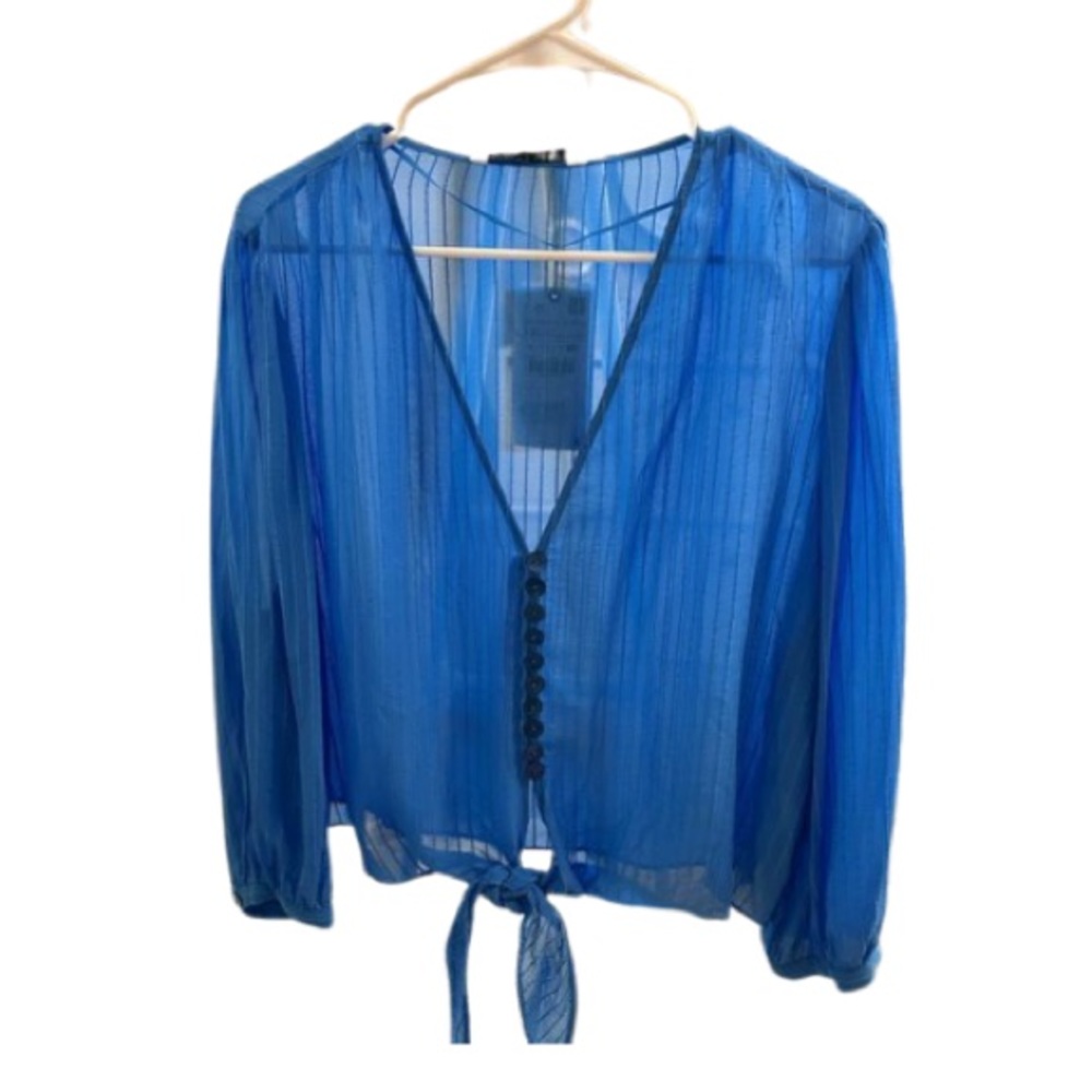 ZARA long sleeves blue semi sheer Tie Waist Top.       Button down, Size XXL.